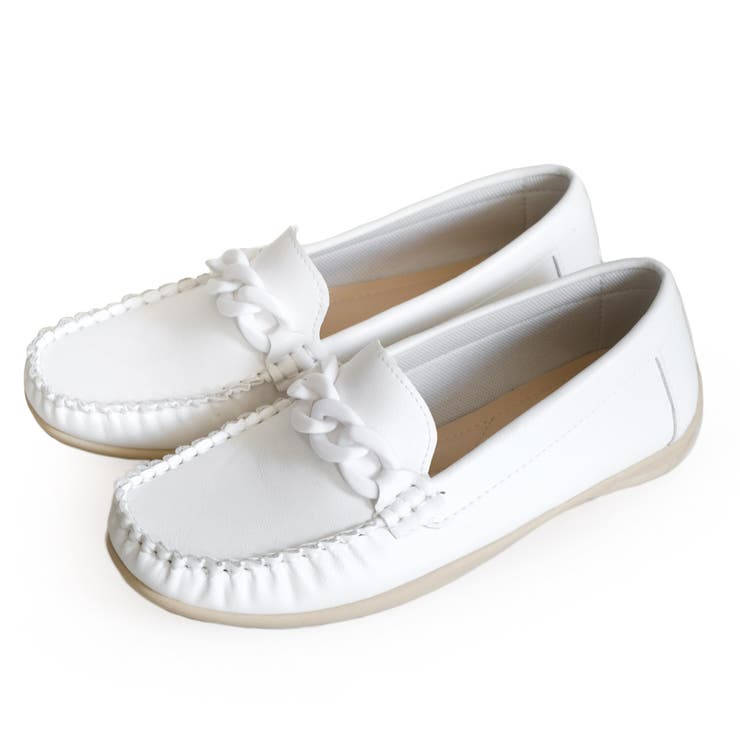 ホワイト | チェーンモチーフ やわらか ドライビングシューズ レディース  | AmiAmi