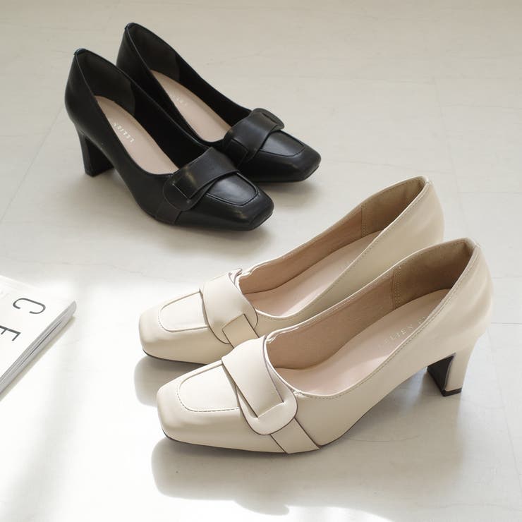 スクエアトゥ プレートヒール パンプス レディース[品番