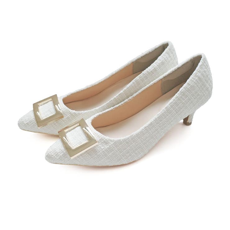 ホワイト(ツイード)×バックル | 走れる バックル パンプス レディース | AmiAmi