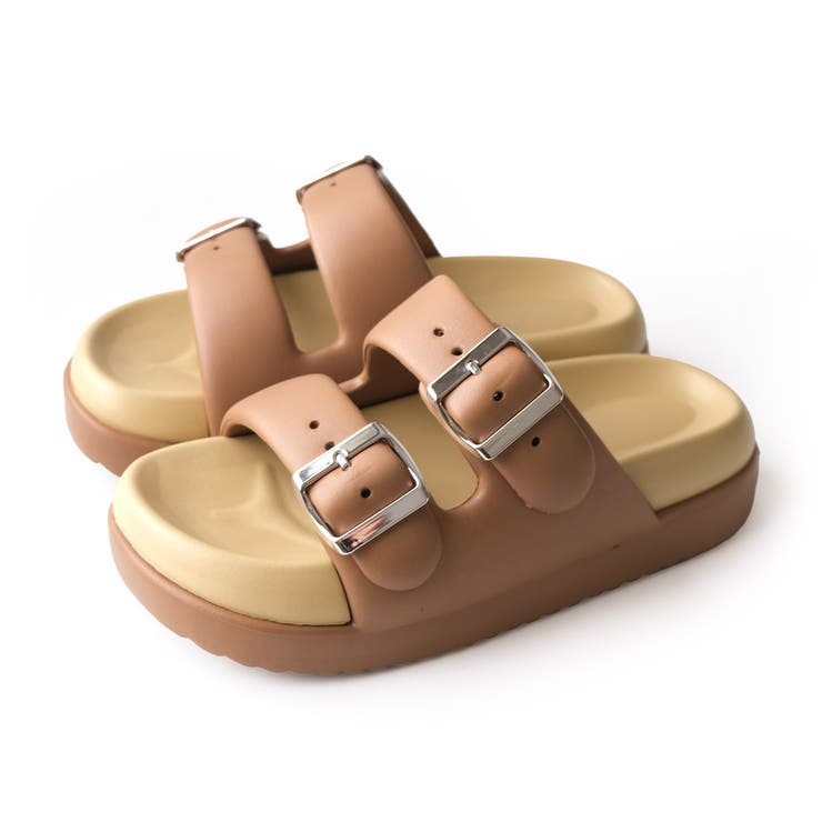 キャメル | 厚底 ダブルベルト サンダル レディース | AmiAmi