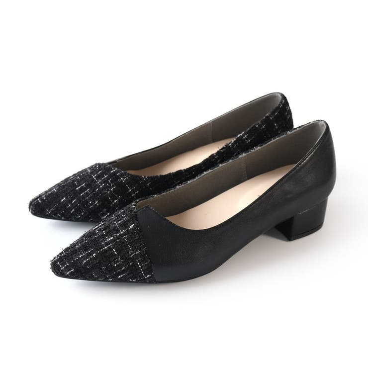 ブラック(ツイード)×ブラック(PU) | バイカラー 太ヒール パンプス レディース | AmiAmi