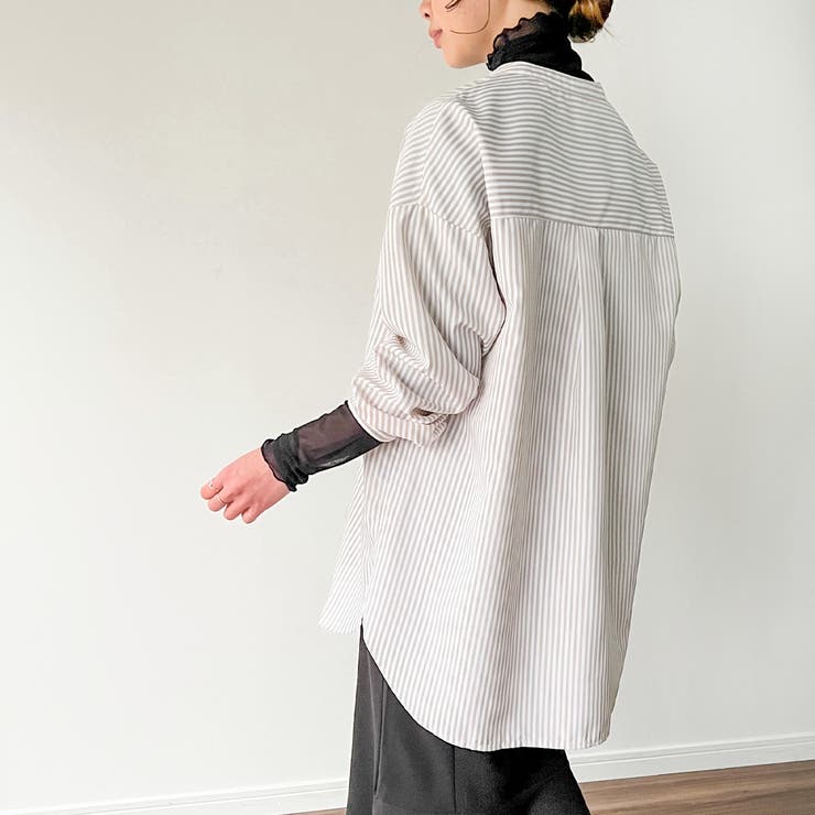 美品カレンソロジースタンドカラー アイボリー ストライプ 長袖シャツ Curensology ブラウス シャツ Curensology(カレンソロジー