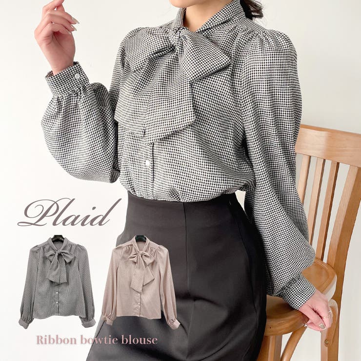 ohga リボンボウタイブラウス チェック