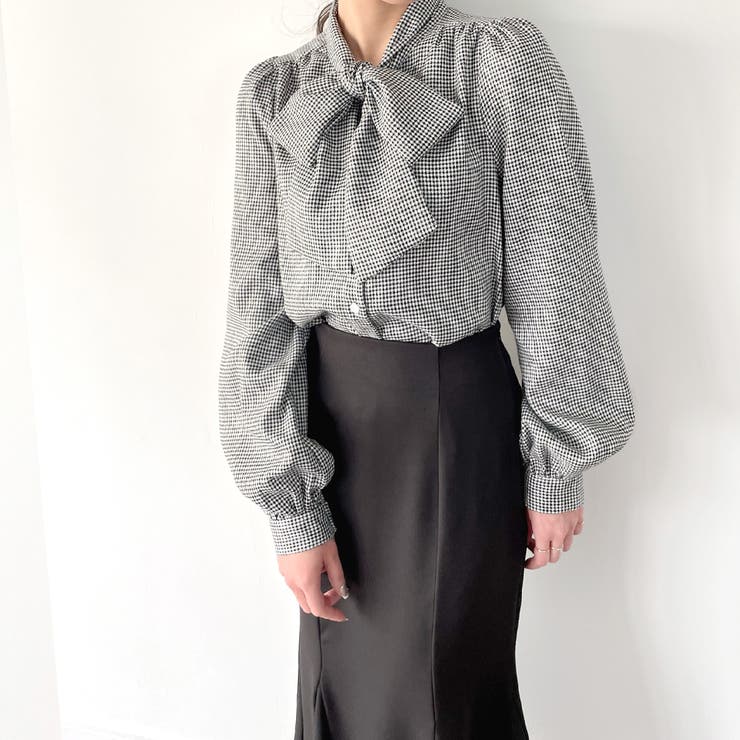 ohga リボンボウタイブラウス チェック
