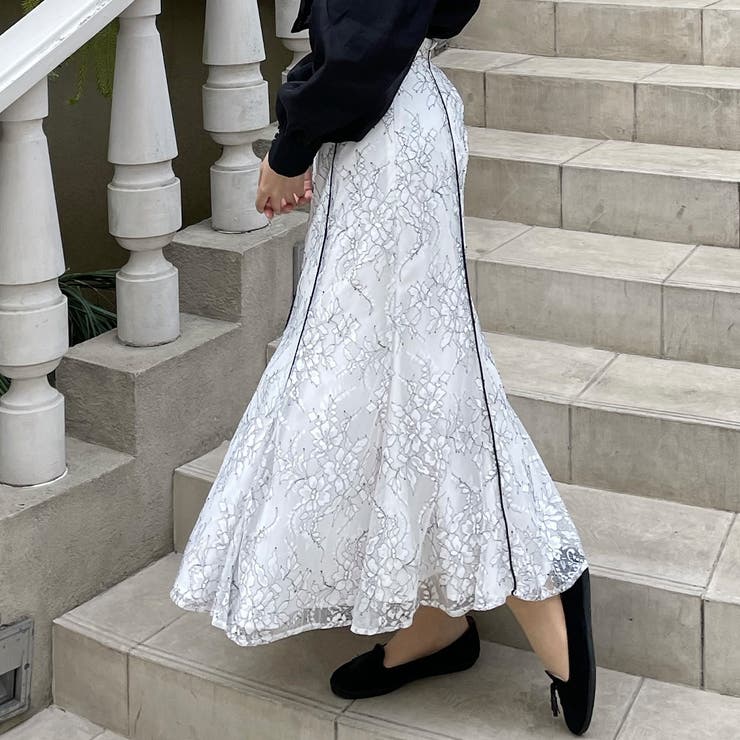 ホワイト | レースパイピングマーメイドスカート | JUNOAH
