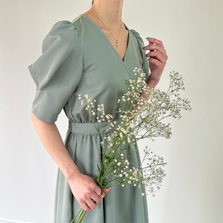 パフスリーブカシュクールロングワンピース[品番：AMTW0004015  