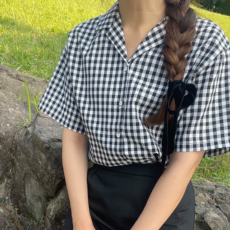 ブルー】ギンガムチェック半袖シャツ[品番：AMTW0004115]｜LAUIR