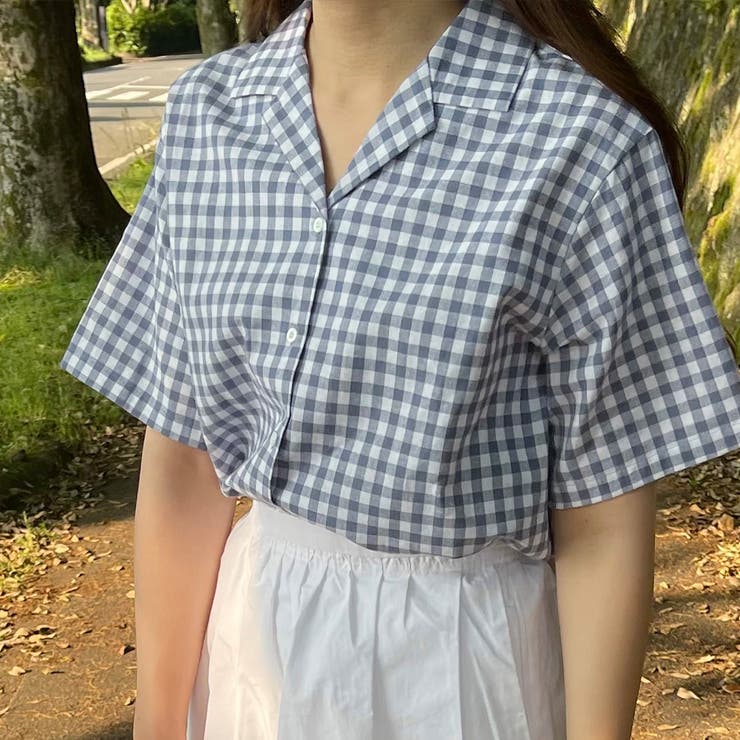 ブルー】ギンガムチェック半袖シャツ[品番：AMTW0004115]｜LAUIR