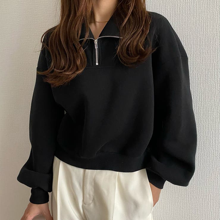 H BEAUTY＆YOUTH ハーフジップ ショートスウェット H＞ ハーフジップ ショートスリーブ クルーザー スウェット