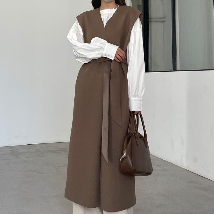 爆買い！ Louere ノーカラーベルト付きロングべスト[品番：AMTW0004895 トップス