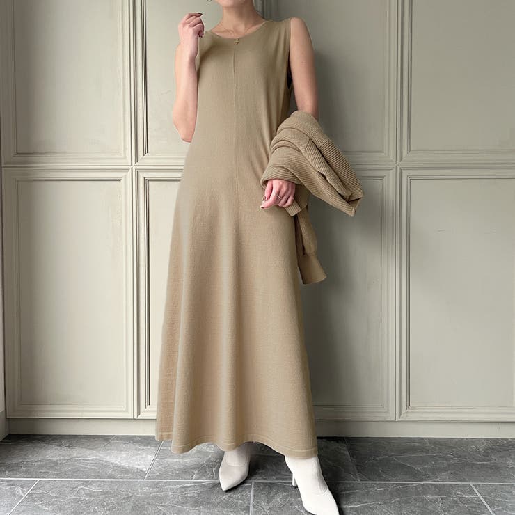 knit Jemade フロントクロスデザイン片畦ニットワンピースセット[品番 