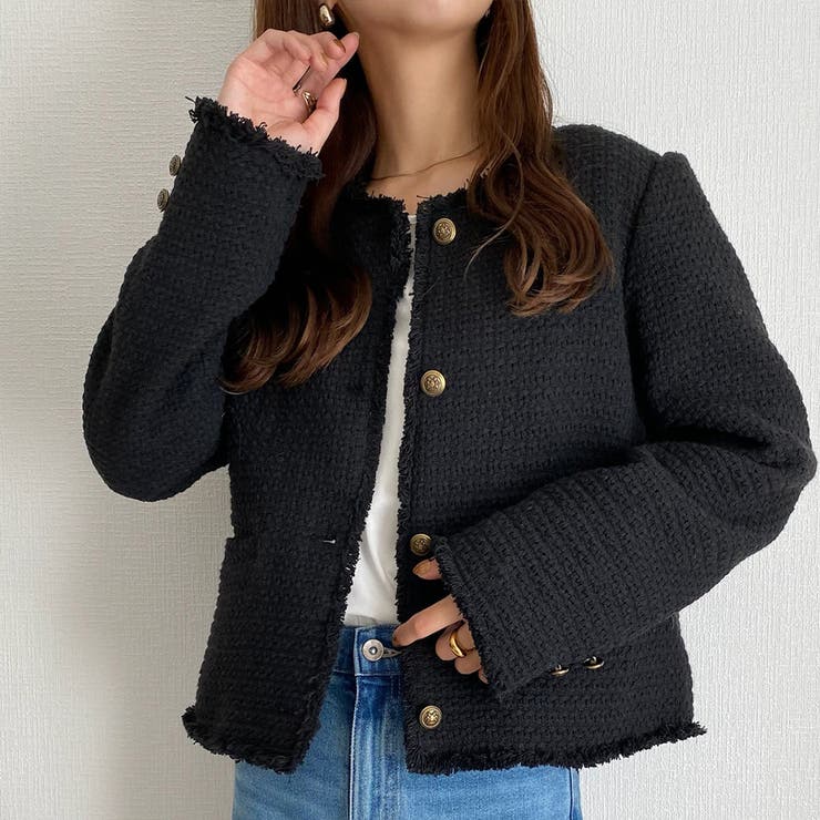 ROARINGWILD ツイードノーカラーJACKET ノーカラージャケット