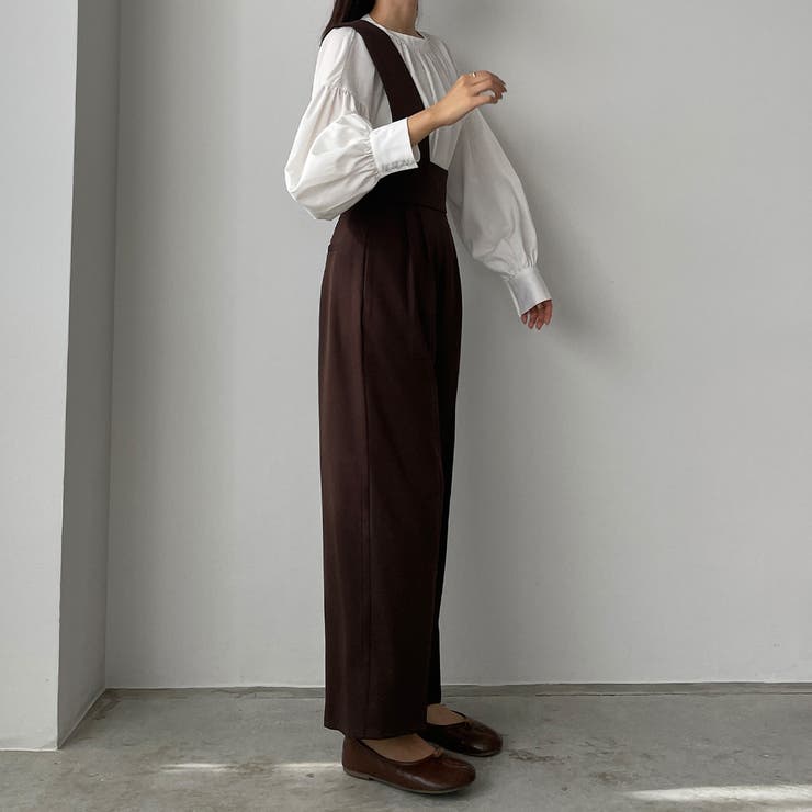 Louere 【取り外し可】ワイドサスペンダーハイウエストパンツ