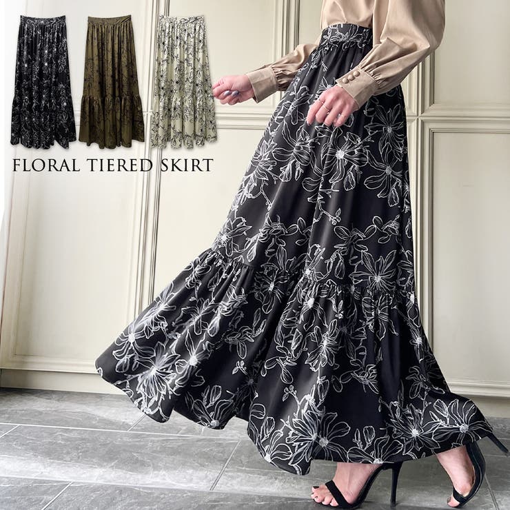 花柄ティアードスカート | JUNOAH | 詳細画像1 