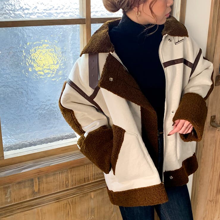 配色ボアパイピングムートンジャケット ゆったり スエード[品番