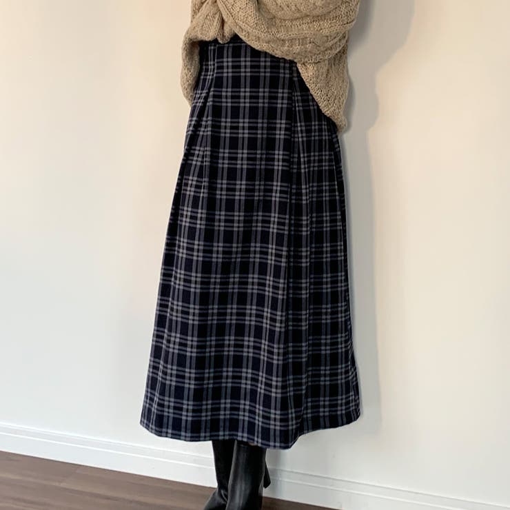 チェック柄タックロングスカート ロング丈 ミモレ丈[品番 チェック柄タックロングスカート ロング丈 ミモレ丈[品番