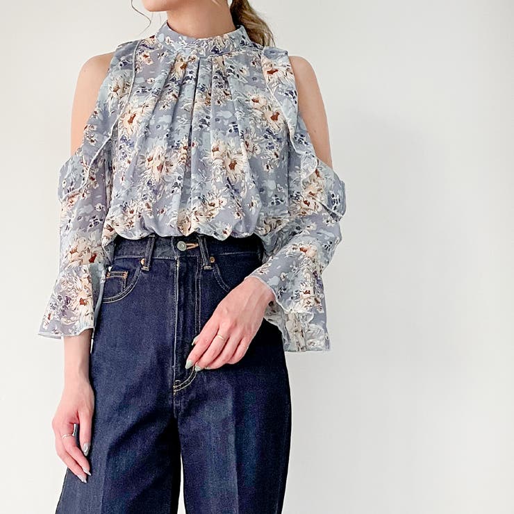 オフショル花柄シフォンブラウス