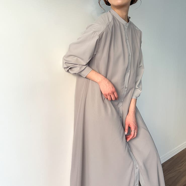 シアーレイヤードバンドカラーシャツワンピース[品番