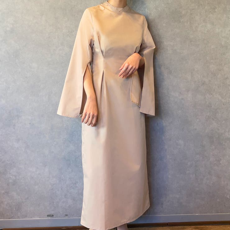 【M.MARTIN】pink-beigeスリット スタンドカラー ドレス