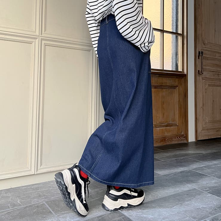 前スリットロングデニムスカート[品番：AMTW0005698]｜JUNOAH