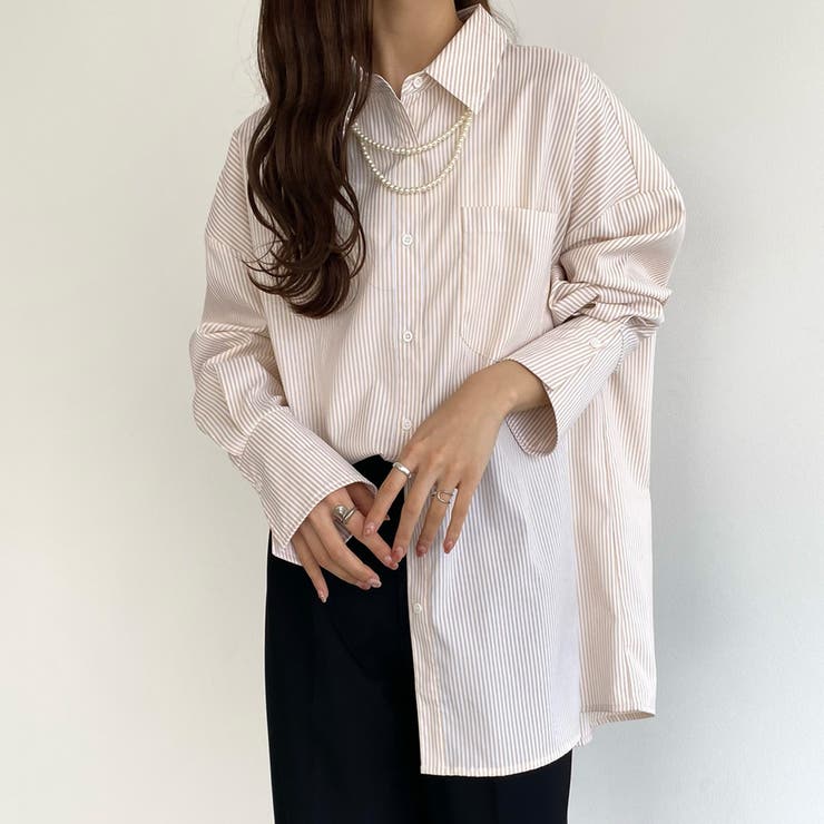 H BEAUTY&YOUTH ストライプシャツ L オリーブ カーキ ホワイト