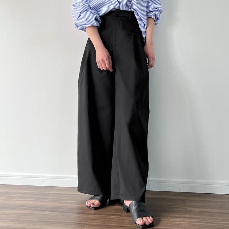 ブラック | フロントデザインツータックワイドパンツ | JUNOAH