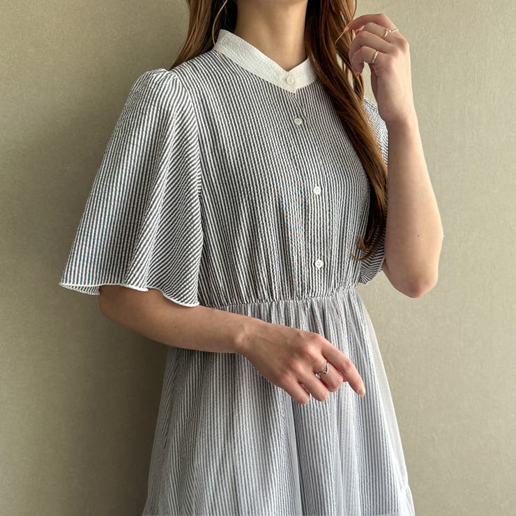 グレー | チュールドッキングフリルスリーブシャツワンピース | JUNOAH