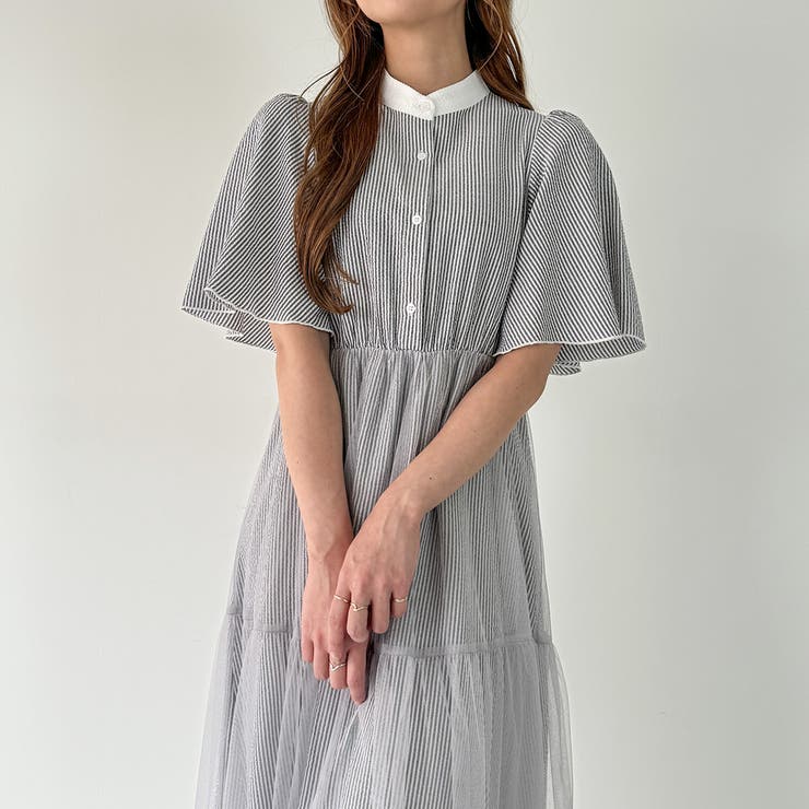 MILK ストライプ シャツワンピース　ワンピース　希少　ロゴ　フリルスリーブ 19%OFF】2WAY ボリュームスリーブ ストライプシャツワンピース