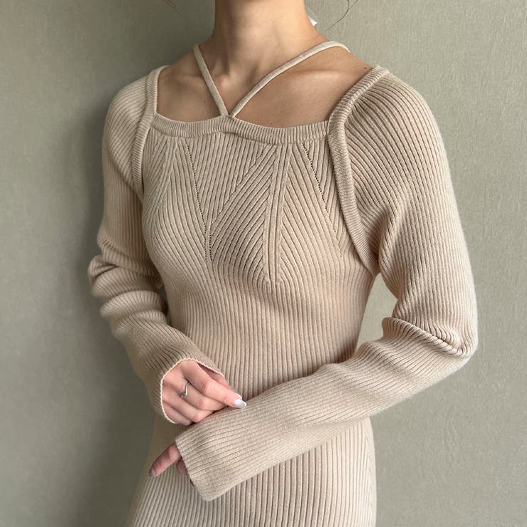 ベージュ | スクエアネック紐ニットマーメイドワンピース | JUNOAH