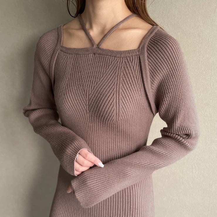 ピンクベージュ | スクエアネック紐ニットマーメイドワンピース | JUNOAH