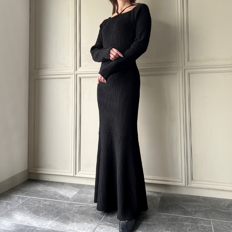 スクエアネック紐ニットマーメイドワンピース | JUNOAH | 詳細画像2 