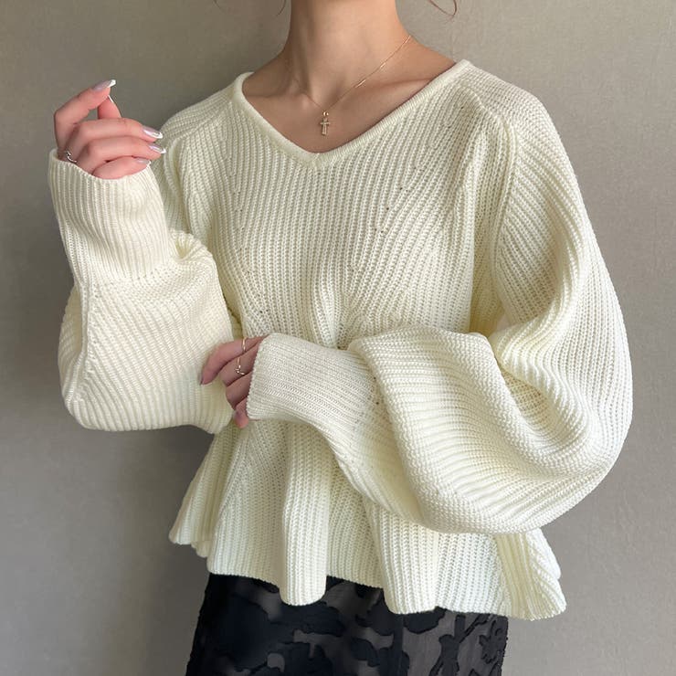 Vネックペプラム畦ニット[品番：AMTW0009444]｜JUNOAH（ジュノア ）の