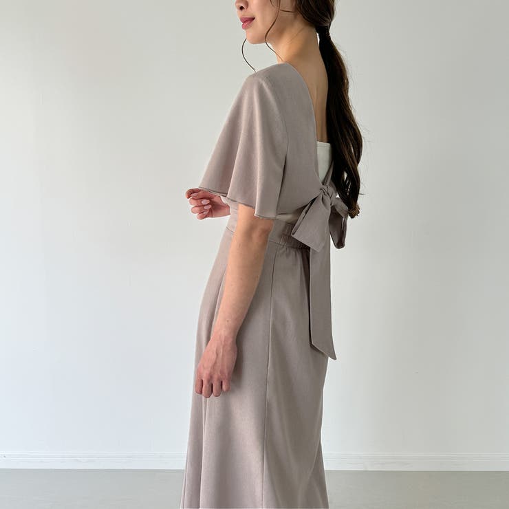 美品 UNTITLED 洗える リネンライク リボン ワンピース ミモレ丈 リネンライクバックリボンセミマーメイドワンピース[品番