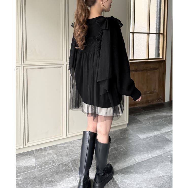 肩リボンチュールドッキングニットプルオーバー | JUNOAH | 詳細画像11 