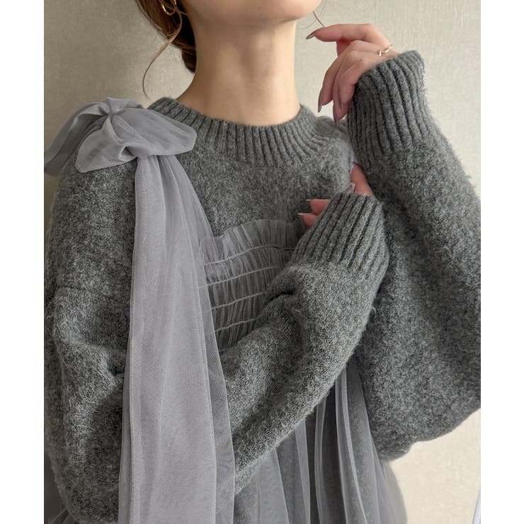 肩リボンチュールドッキングニットプルオーバー | JUNOAH | 詳細画像12 