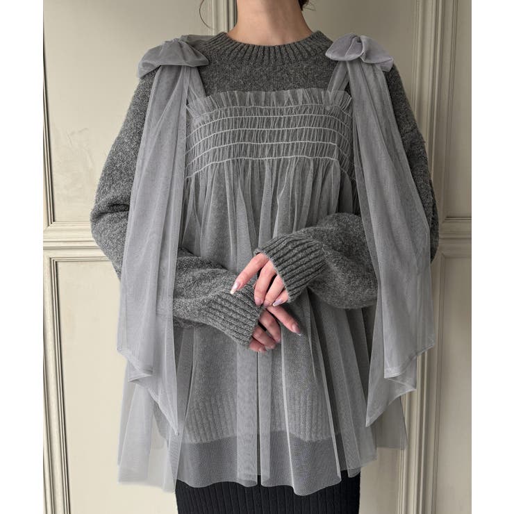 肩リボンチュールドッキングニットプルオーバー | JUNOAH | 詳細画像13 