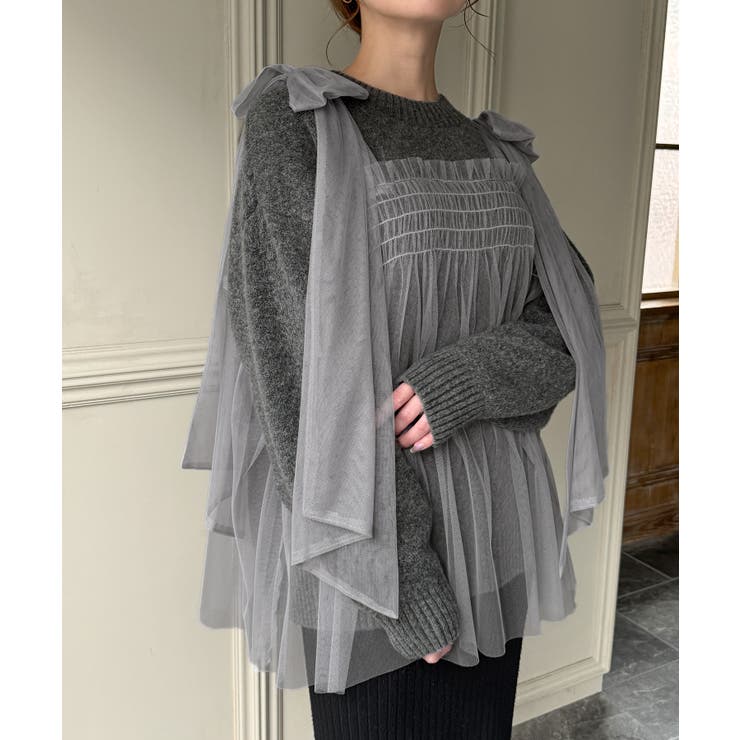 新品未使用 JUNOAH チュールペプラムドッキングニット Mサイズ シアー