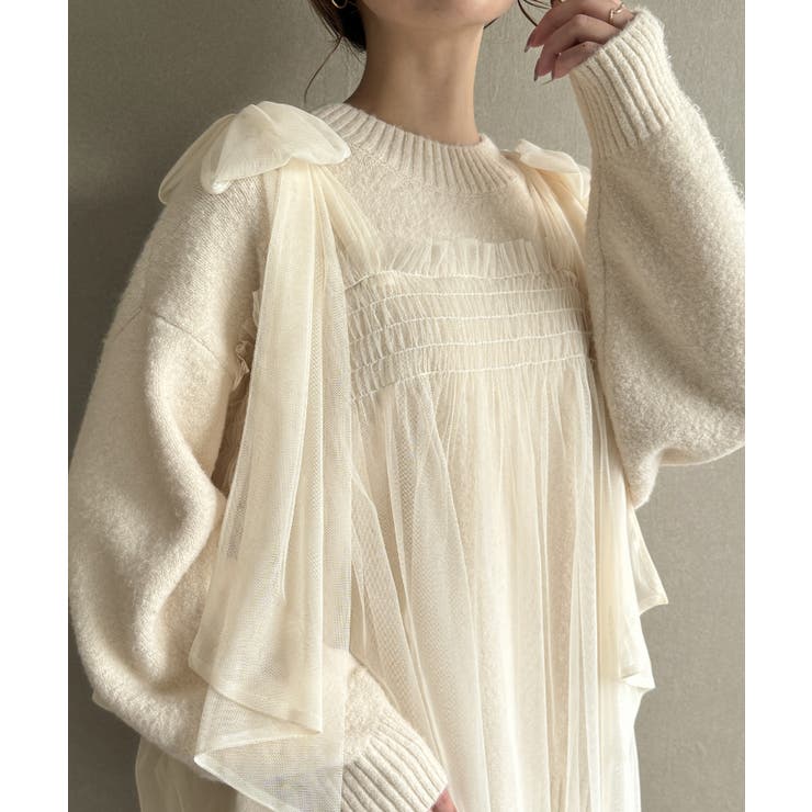 アイボリー | 肩リボンチュールドッキングニットプルオーバー | JUNOAH