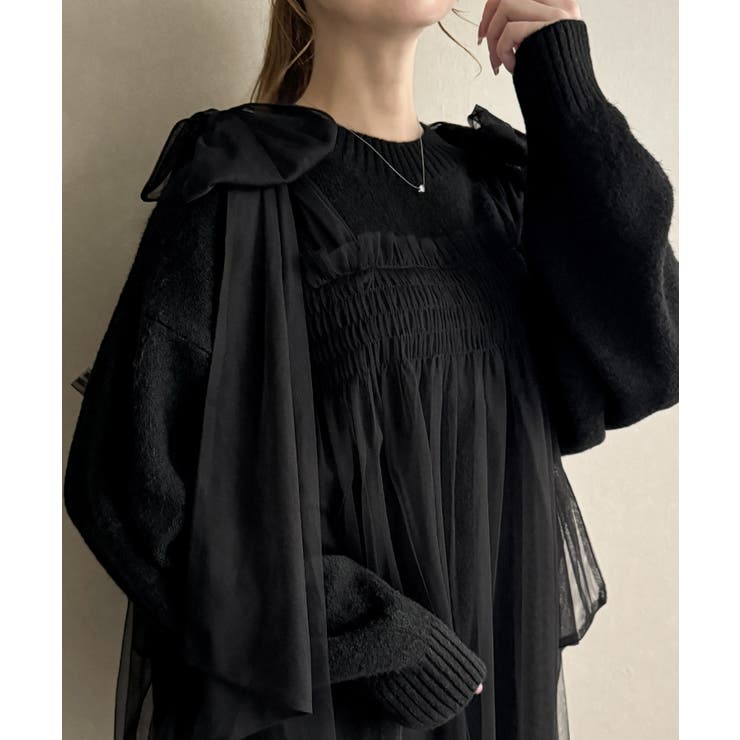 ブラック | 肩リボンチュールドッキングニットプルオーバー | JUNOAH