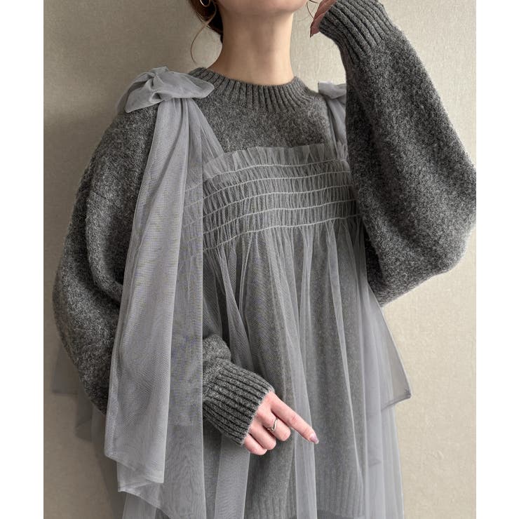 グレー | 肩リボンチュールドッキングニットプルオーバー | JUNOAH
