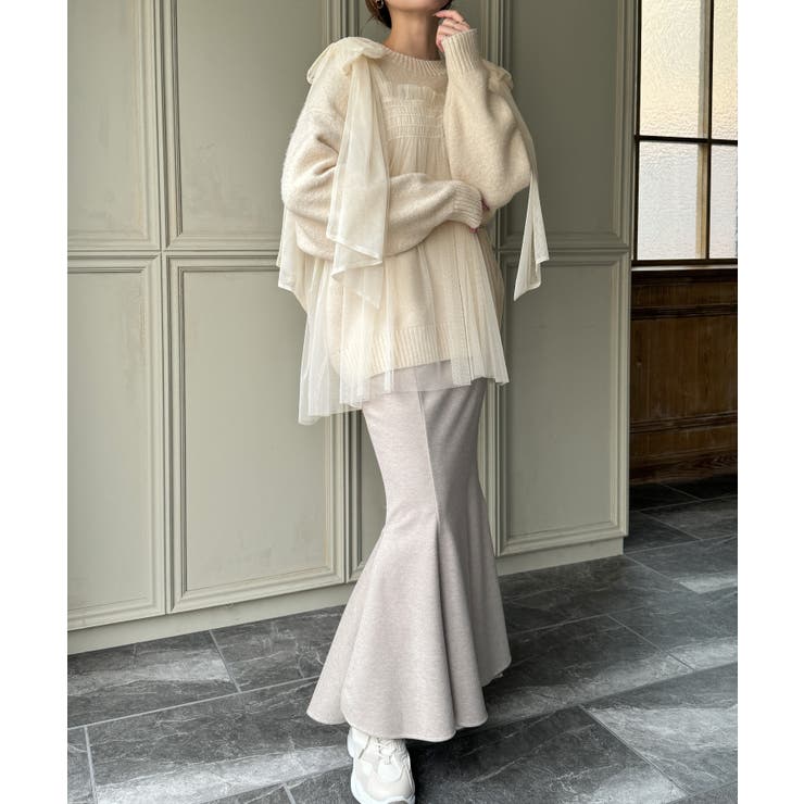 肩リボンチュールドッキングニットプルオーバー | JUNOAH | 詳細画像3 