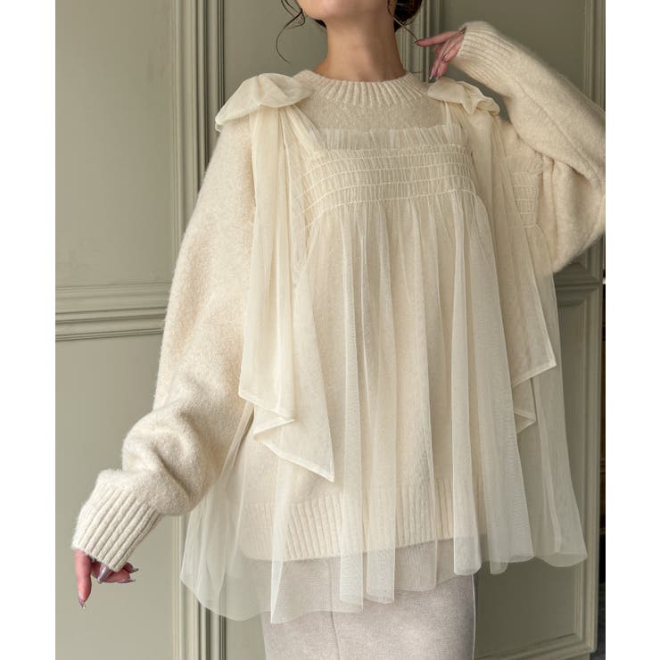 肩リボンチュールドッキングニットプルオーバー | JUNOAH | 詳細画像6 