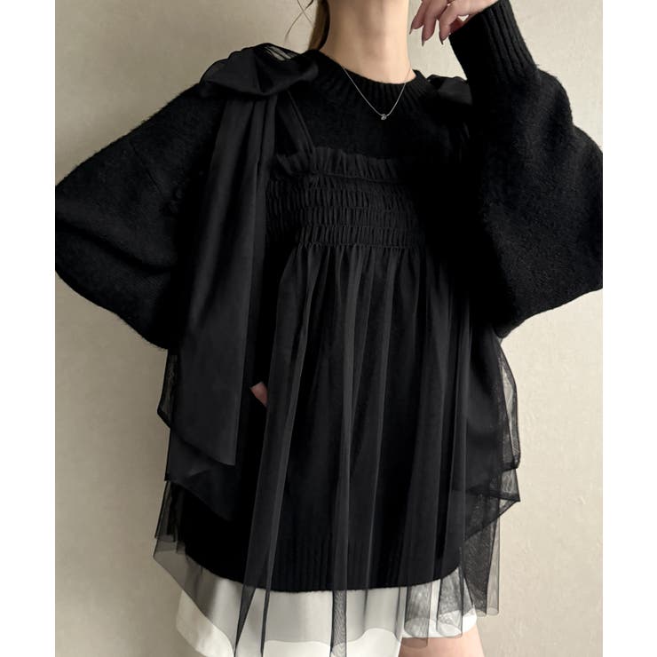 肩リボンチュールドッキングニットプルオーバー | JUNOAH | 詳細画像7 