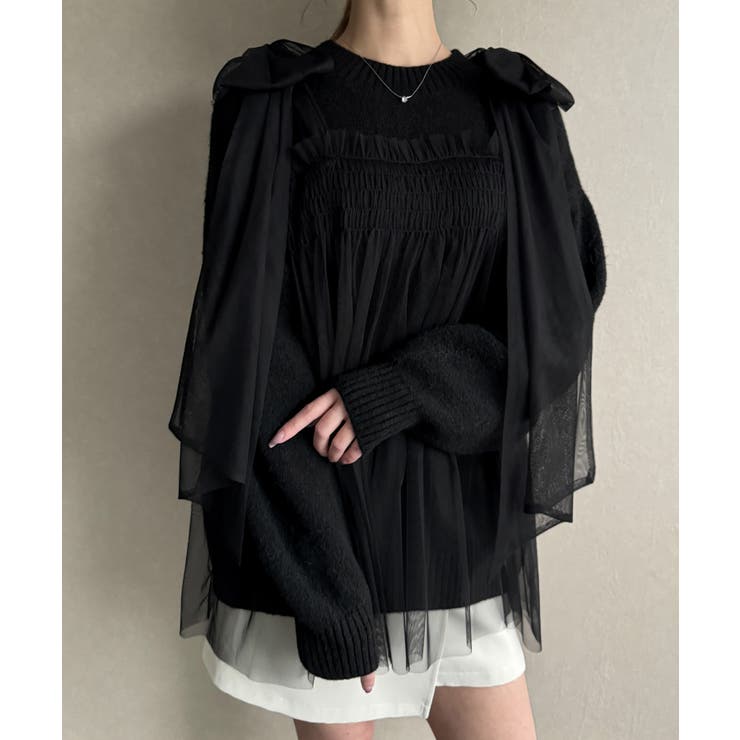 肩リボンチュールドッキングニットプルオーバー | JUNOAH | 詳細画像8 