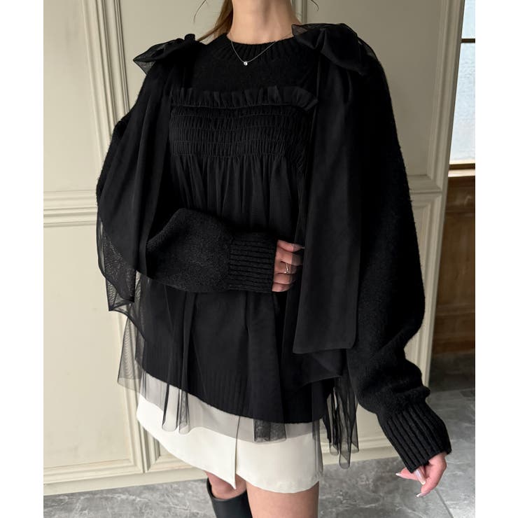 肩リボンチュールドッキングニットプルオーバー | JUNOAH | 詳細画像9 