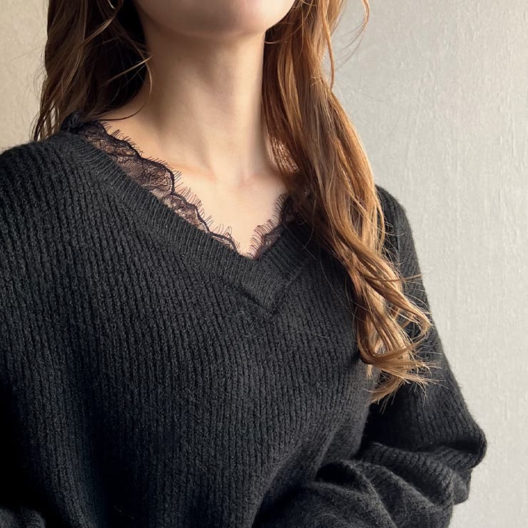 レースドッキングVネックニット[品番：AMTW0009856]｜JUNOAH（ジュノア