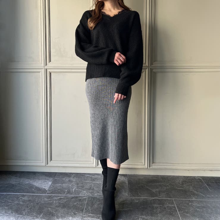 レースドッキングVネックニット[品番：AMTW0009856]｜JUNOAH（ジュノア