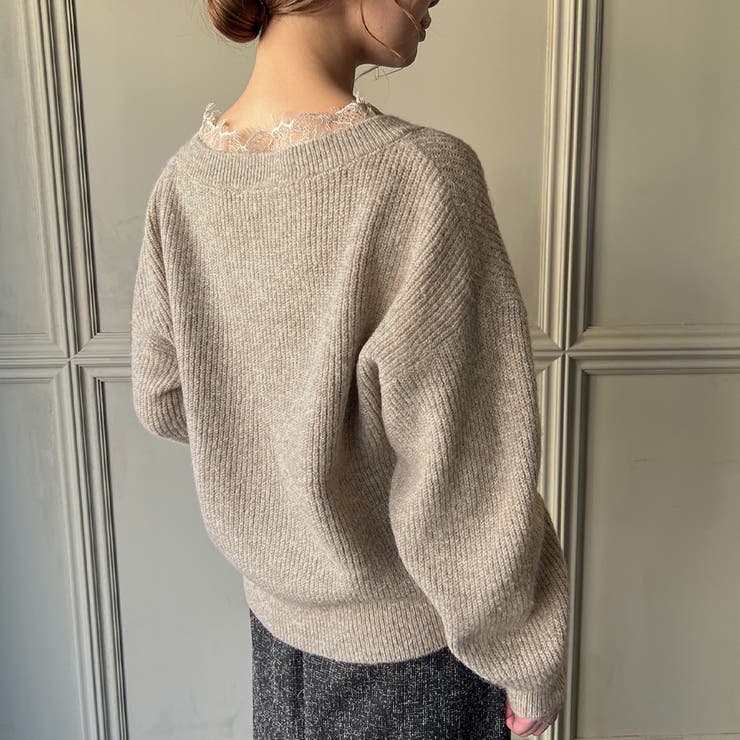 レースドッキングVネックニット[品番：AMTW0009856]｜JUNOAH（ジュノア