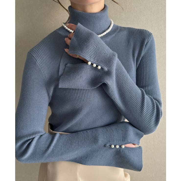 ライトブルー | 袖口パールデザインタートルネックニットトップス | JUNOAH