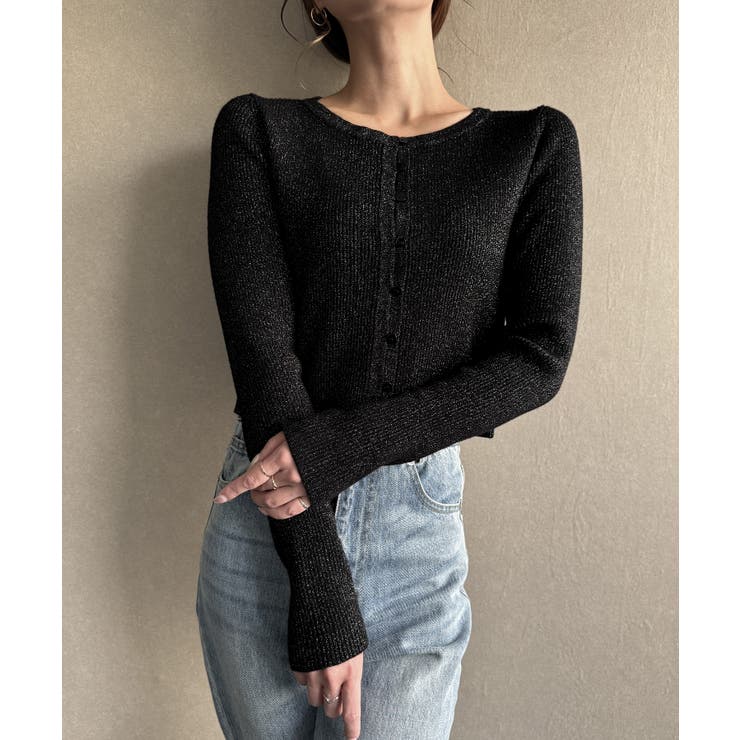 ブラック | ラウンドネックラメニットカーディガン | JUNOAH